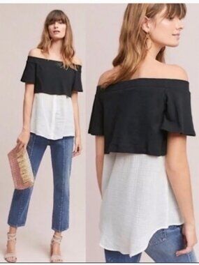 9-H15 Stcl Black & White Off-Shoulder twofer Top; NWT; Size Medium